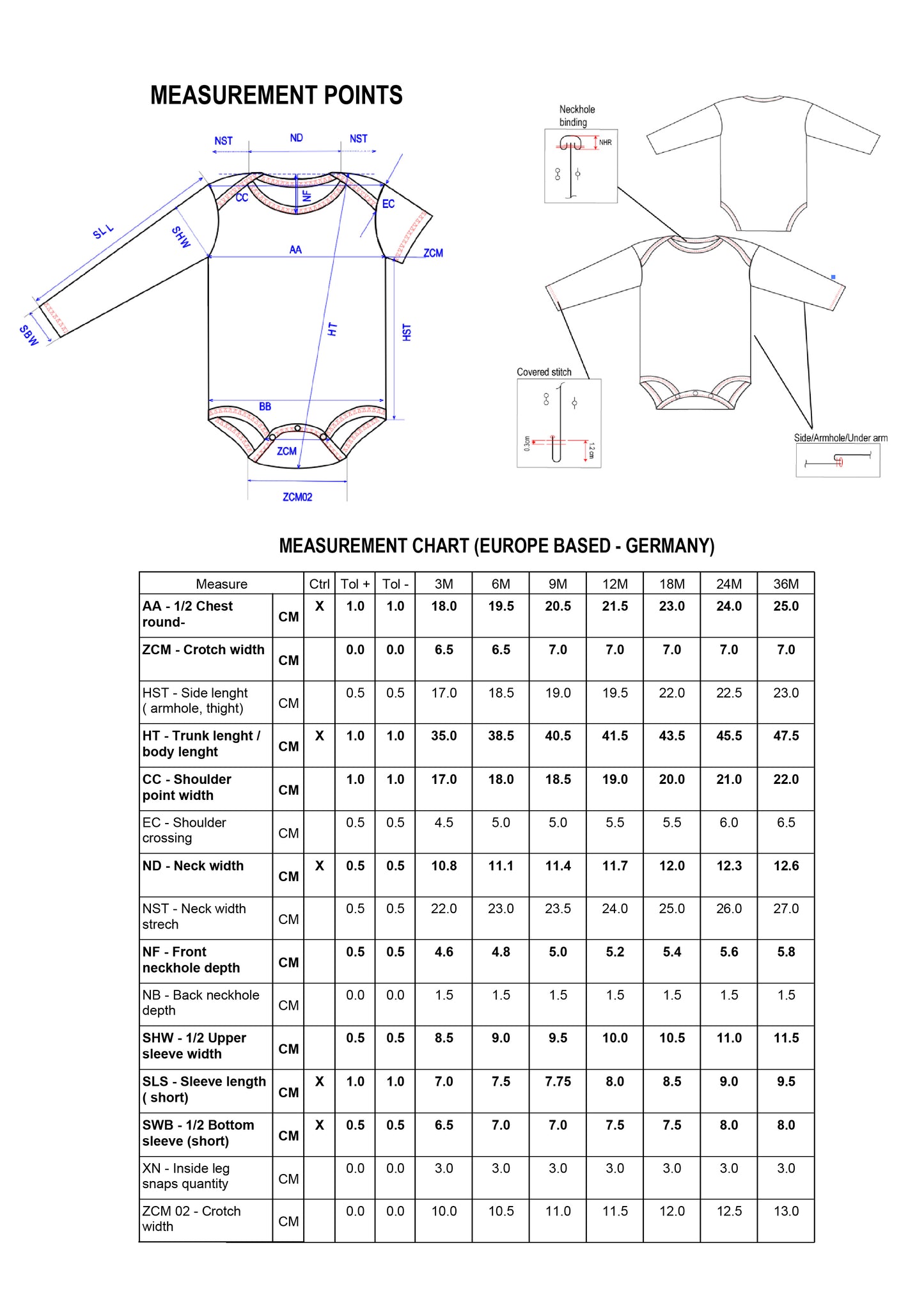 BABIES ONESIE TECH PACK WITH MEASUREMENT CHART