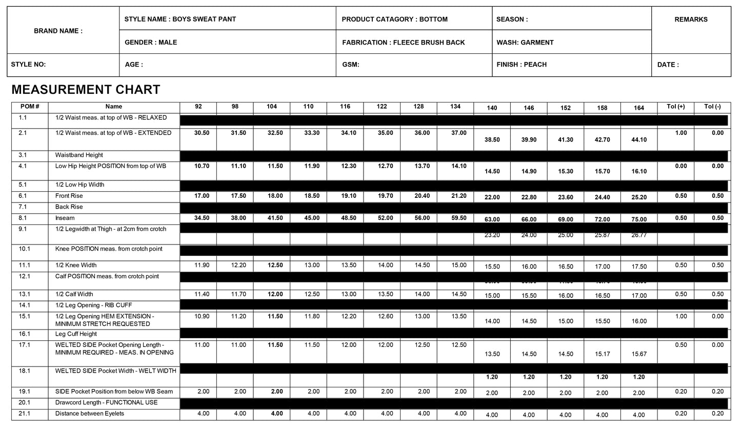 BOYS SWEAT PANT MEASUREMENT CHART