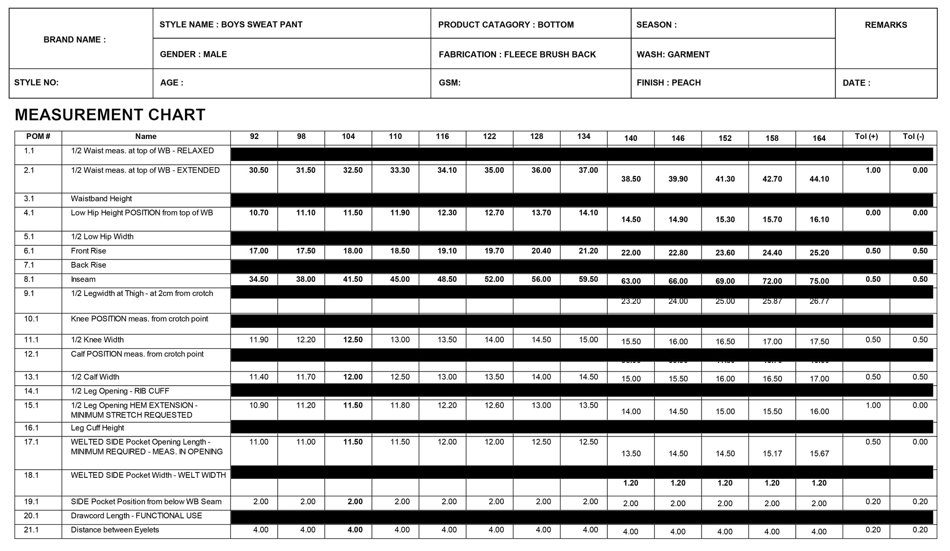 BOYS SWEAT PANT MEASUREMENT CHART