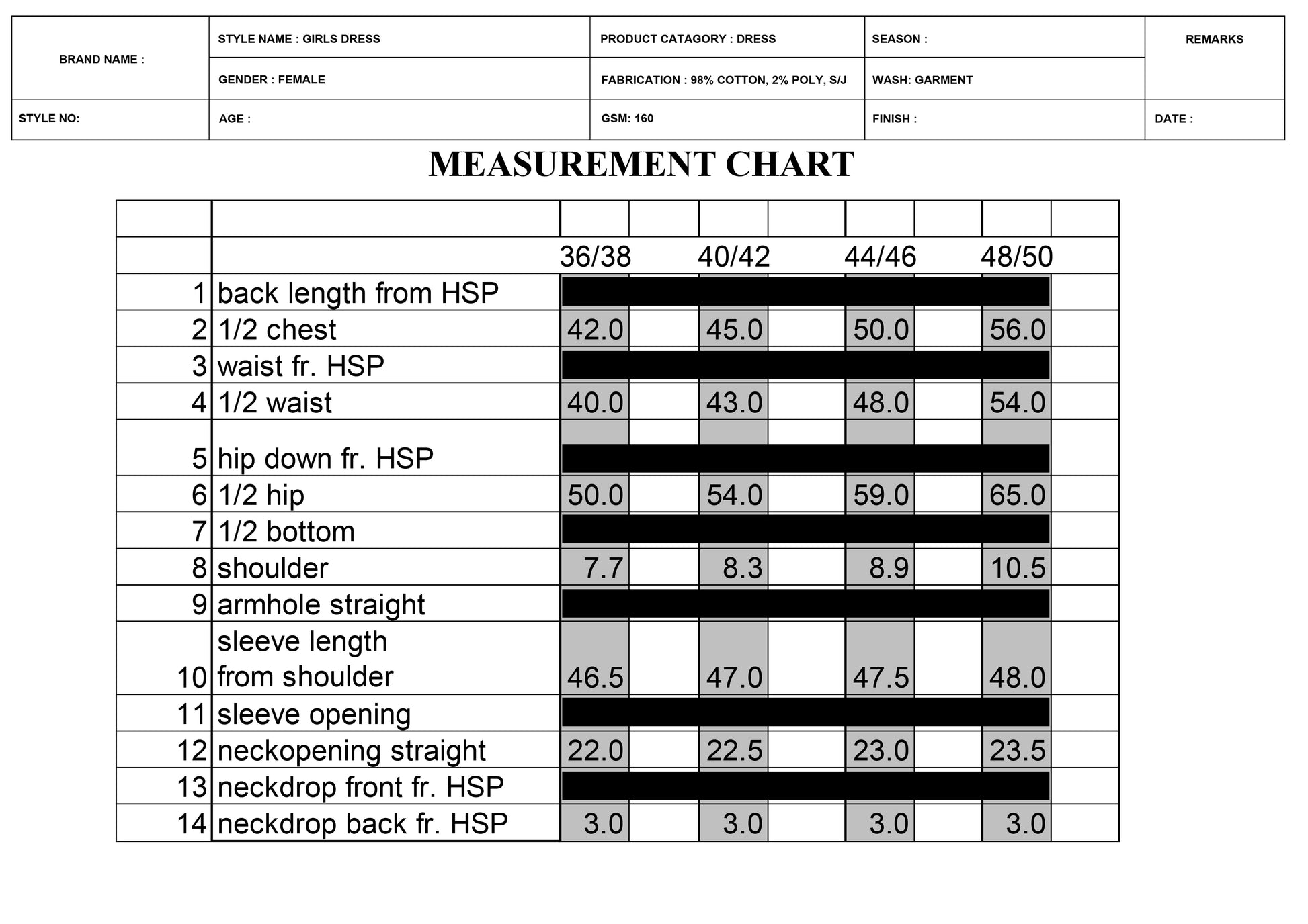 GIRLS DRESS MEASUREMENT CHART