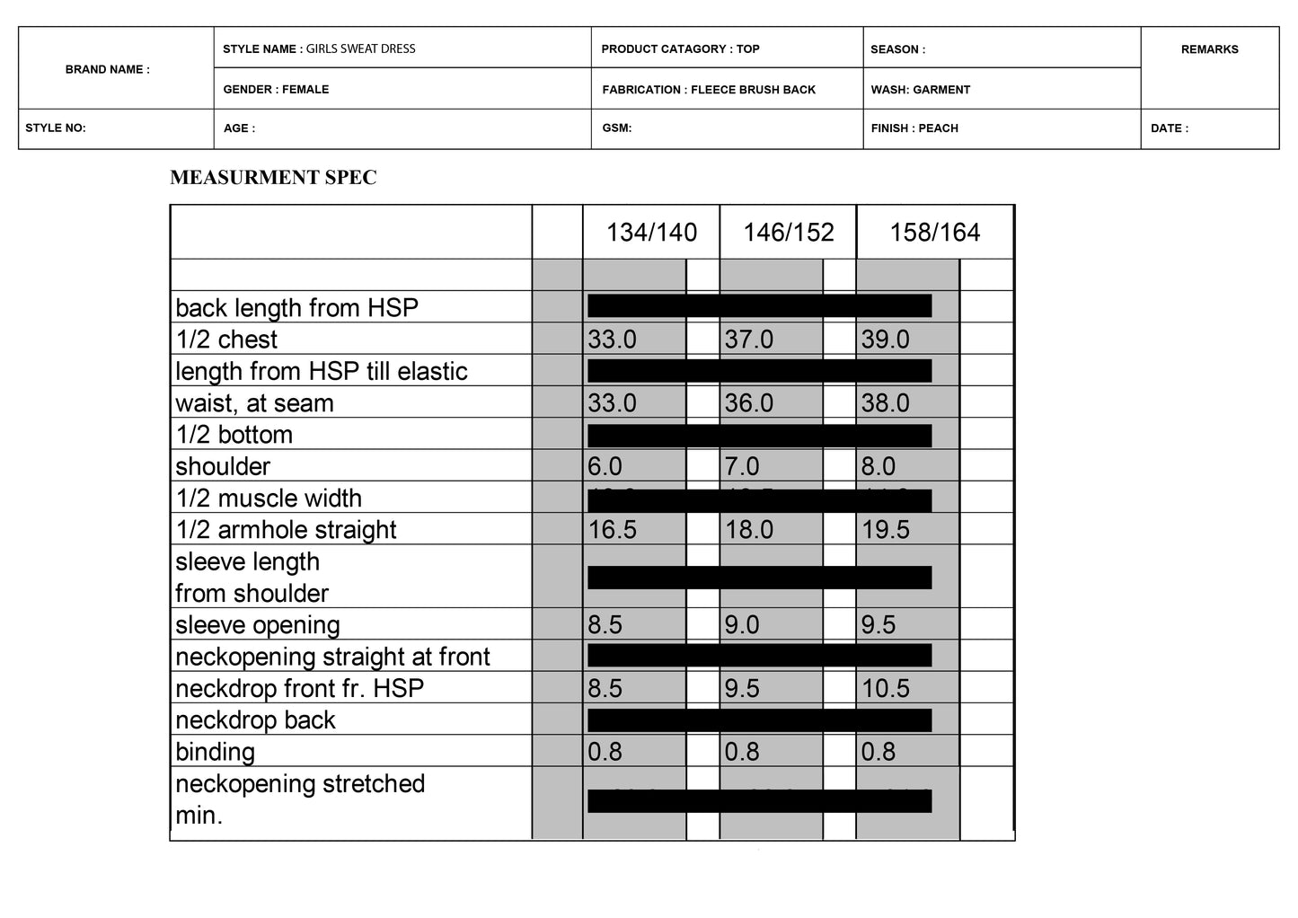 GIRLS DRESS MEASUREMENT CHART