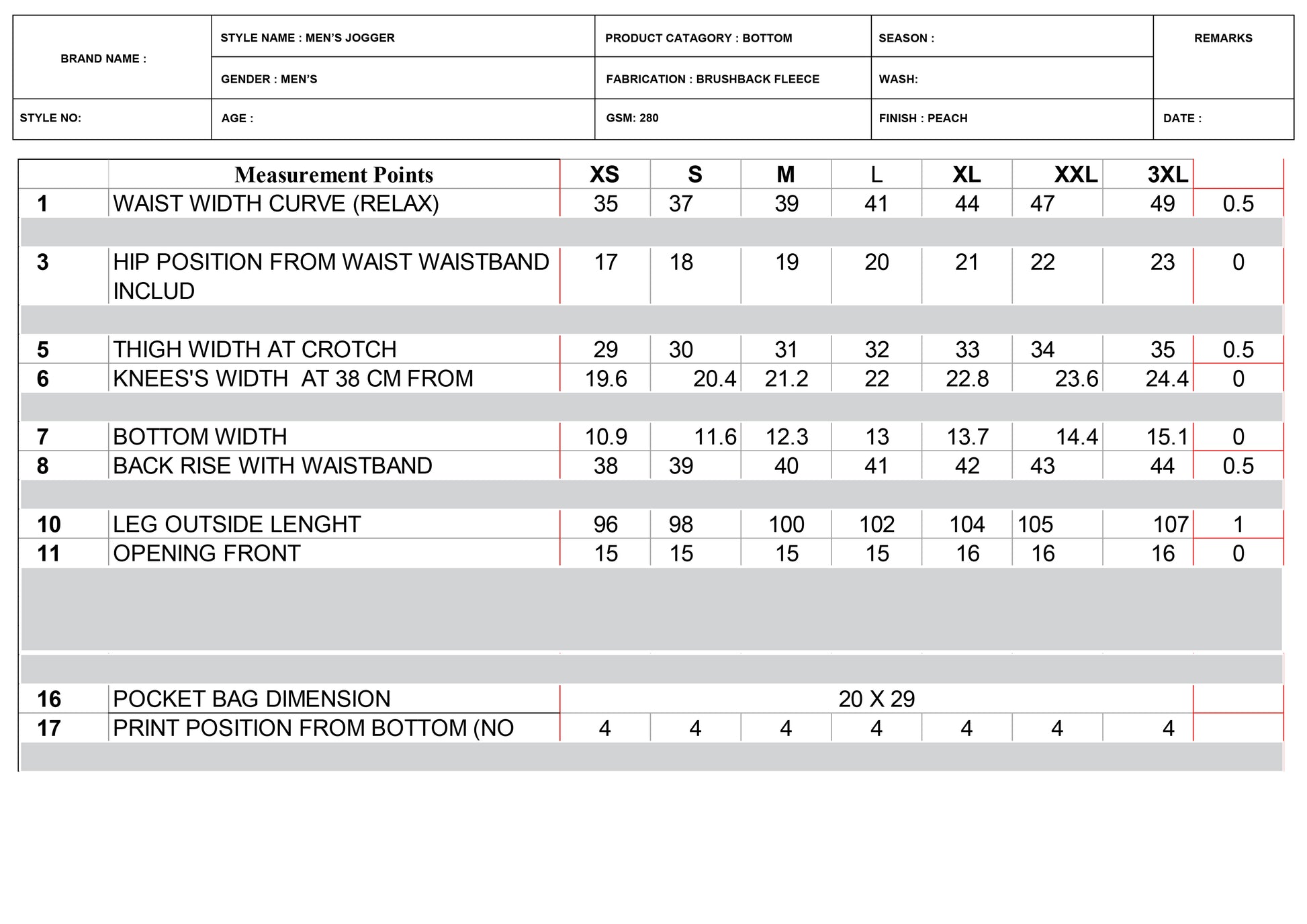 MEN'S JOGGER  MEASUREMENT CHART