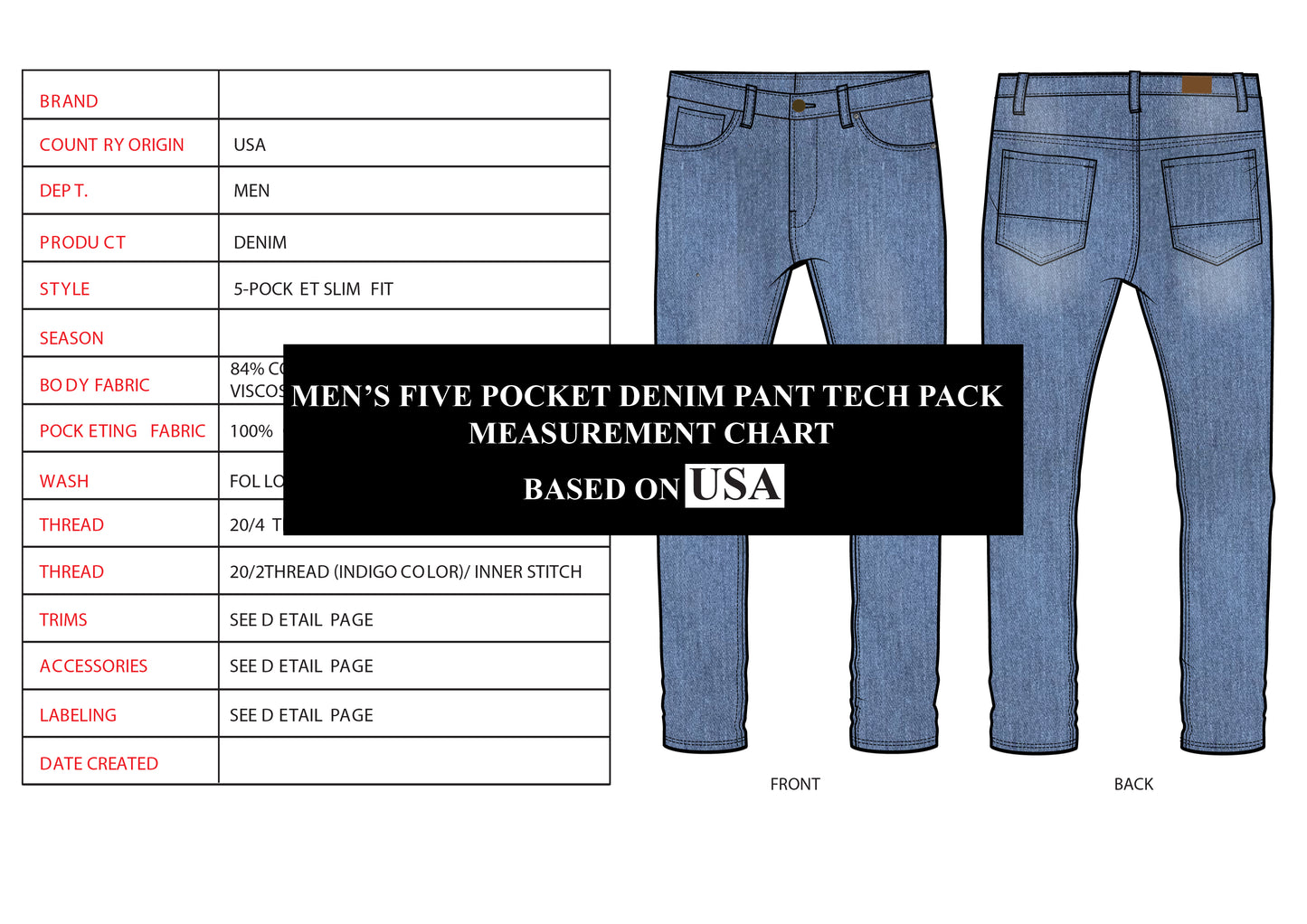 MEN'S FIVE POCKET DENIM PANT TECH PACK VECTOR ILLUSTRATION