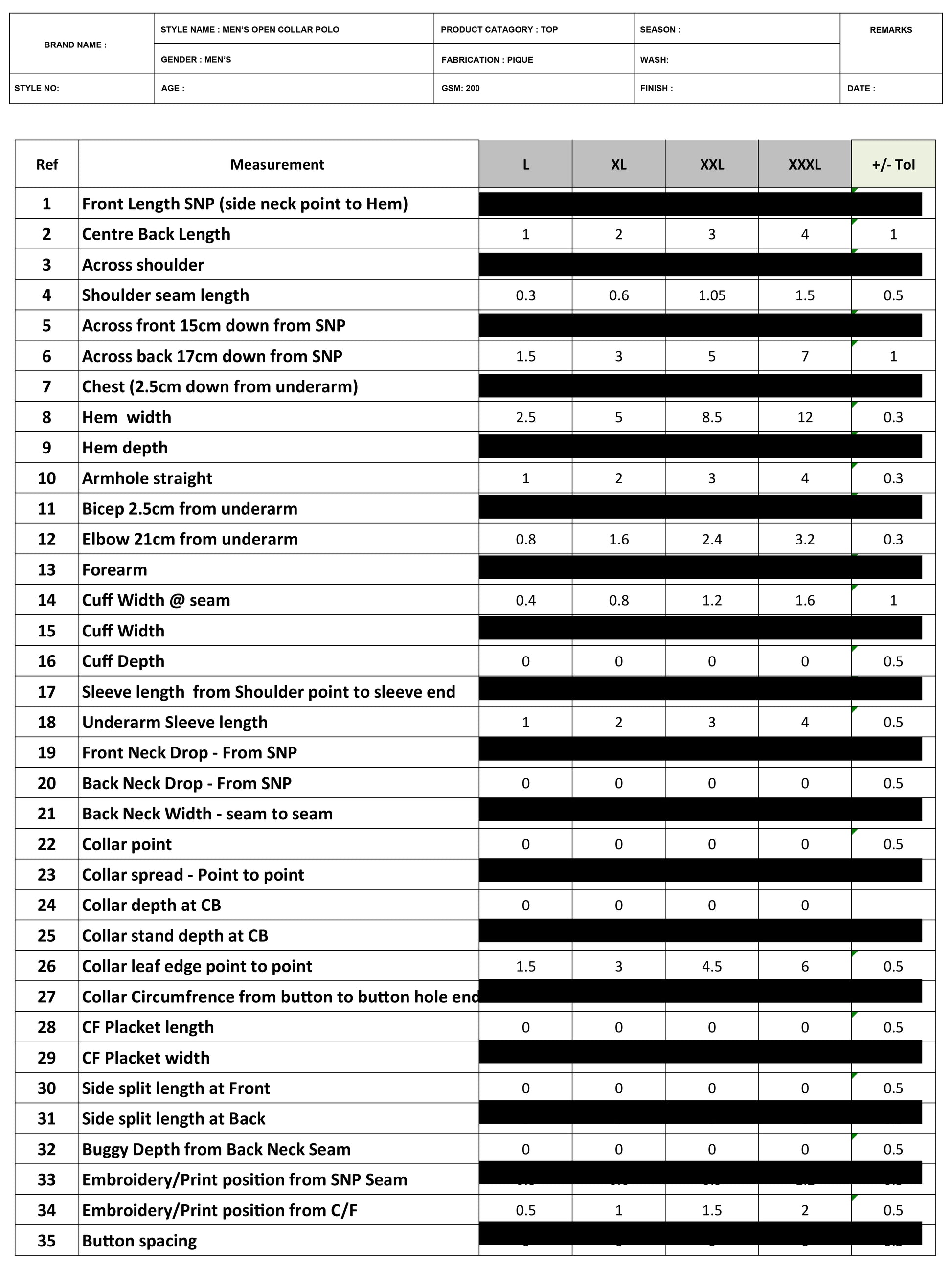  POLO SHIRT MEASUREMENT CHART