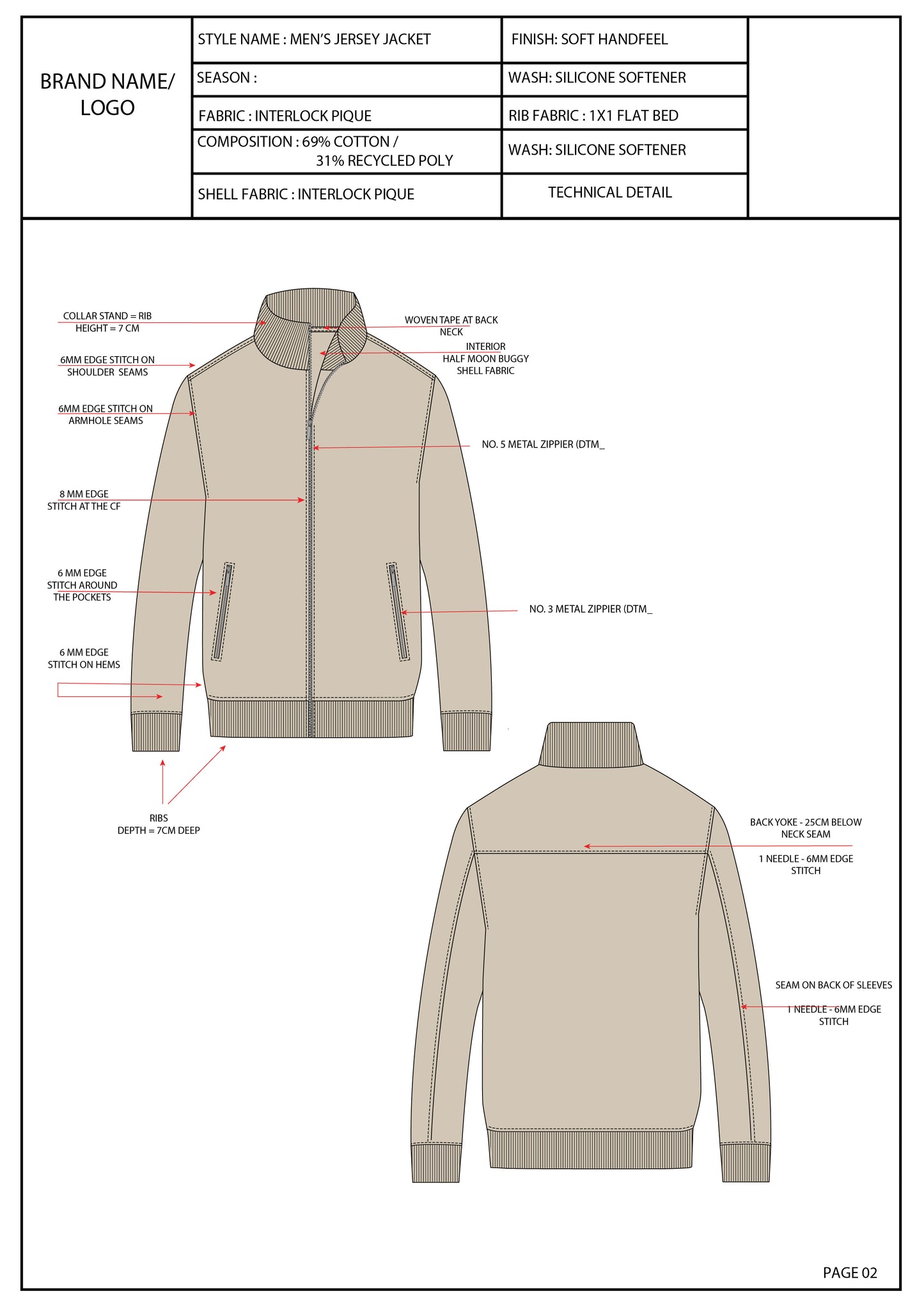 MENS JACKET TECH PACK WITH EUROPE BASED MEASUREMENT CHART