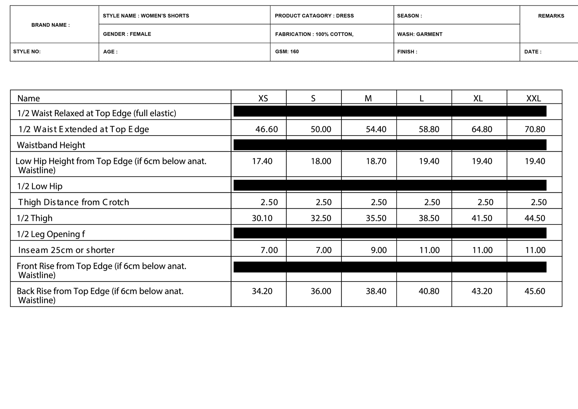 SHORTS MEASUREMENT CHART