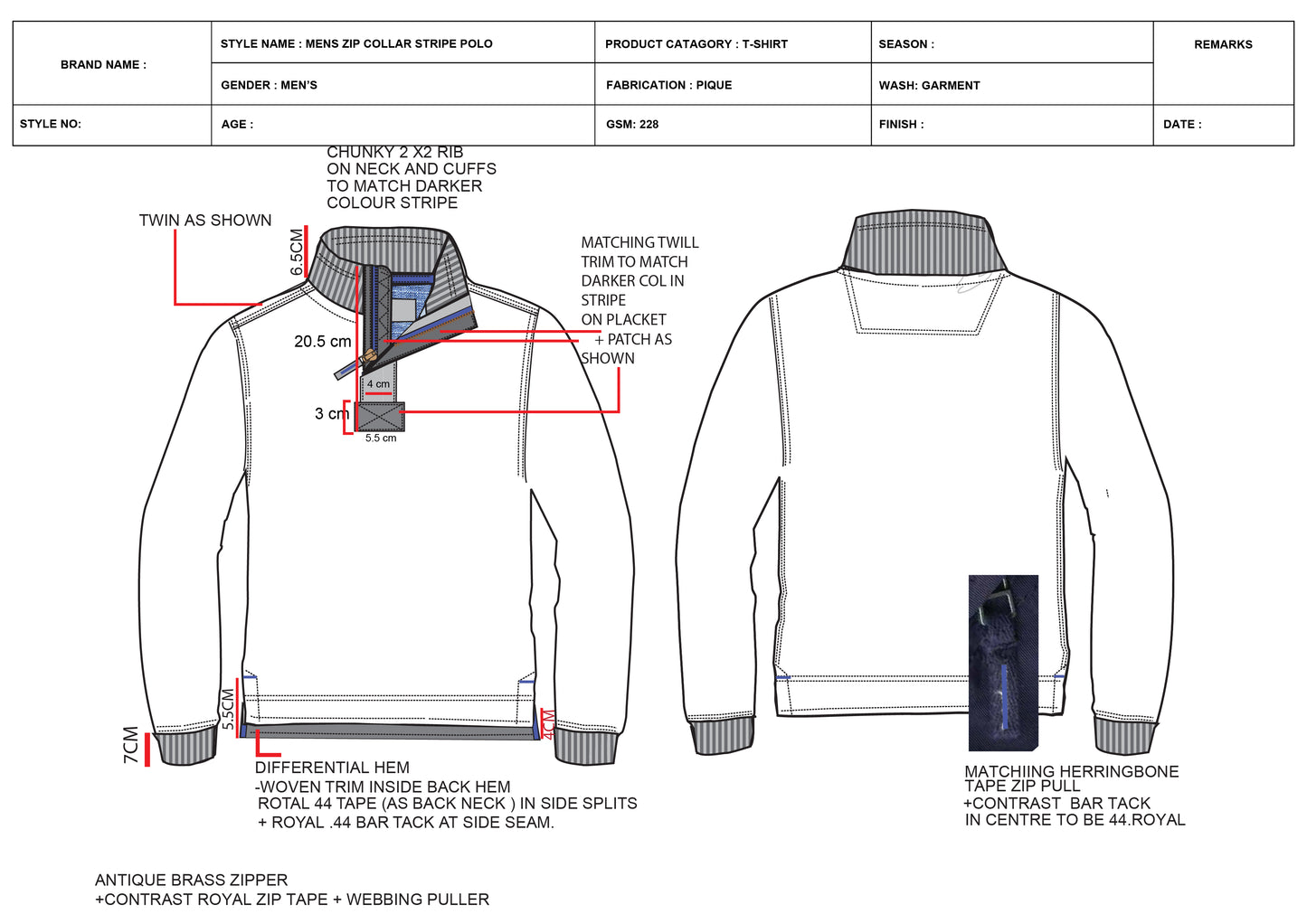 MEN'S ZIP COLLAR STRIPE POLO T-SHIRT TECH PACK