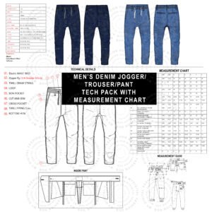 Men’s Denim Jogger Tech Pack flat sketches with measurement chart and stitching details