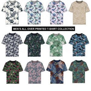 Men’s tropical summer all-over printed t-shirt designs with floral and palm leaf patterns.