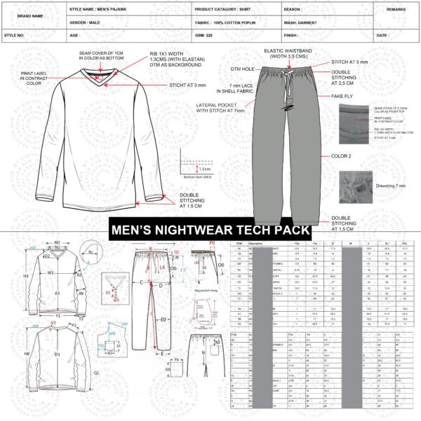 Men’s Pajama Tech Pack Editable Sleepwear Specification Template AI