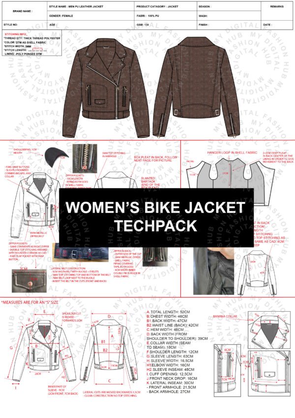 Women’s Biker Jacket Tech Pack Professional Outerwear Template