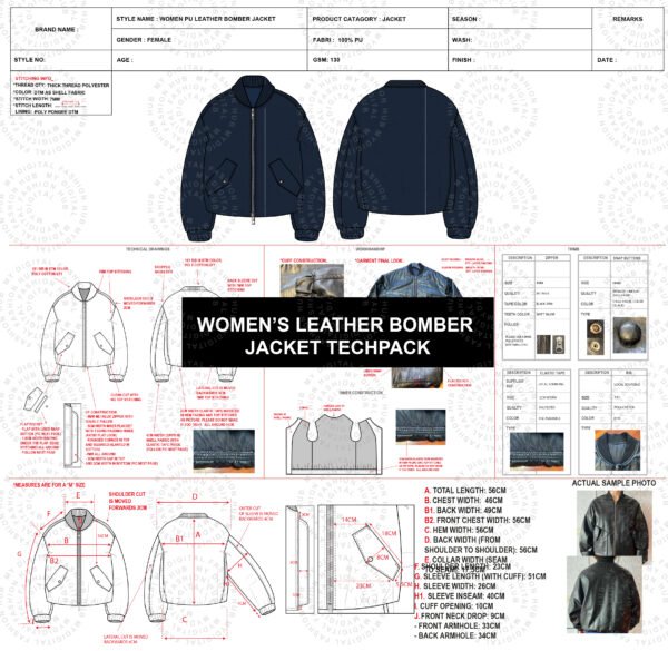 Women’s Bomber Jacket Tech Pack | Editable Vector Illustration