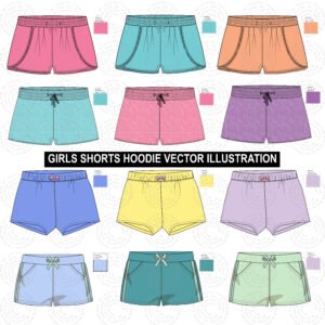 Editable girls shorts vector illustration showing waistband, pocket, and seam details — perfect for fashion designers and children’s wear brands.