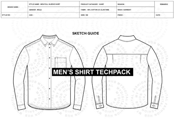 Men’s Shirt Tech Pack flat sketches with measurements and construction details