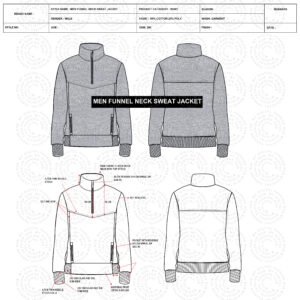 Men’s Funnel Neck Sweat Jacket Tech Pack Template | Editable Fashion Specification File (AI)
