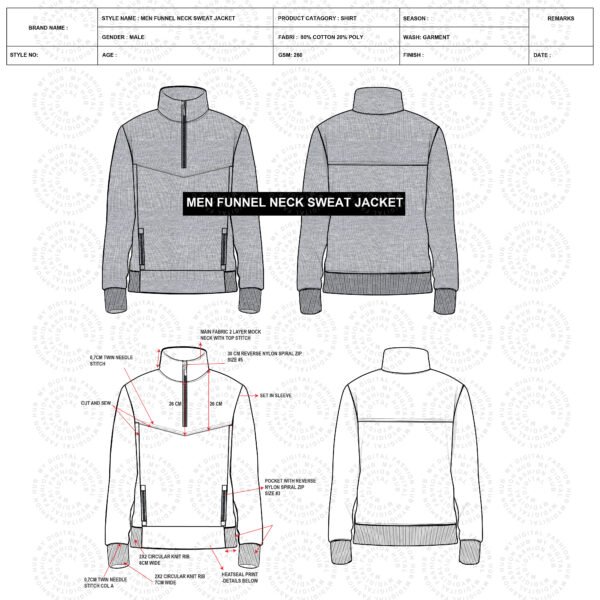 Men’s Funnel Neck Sweat Jacket Tech Pack Template | Editable Fashion Specification File (AI)