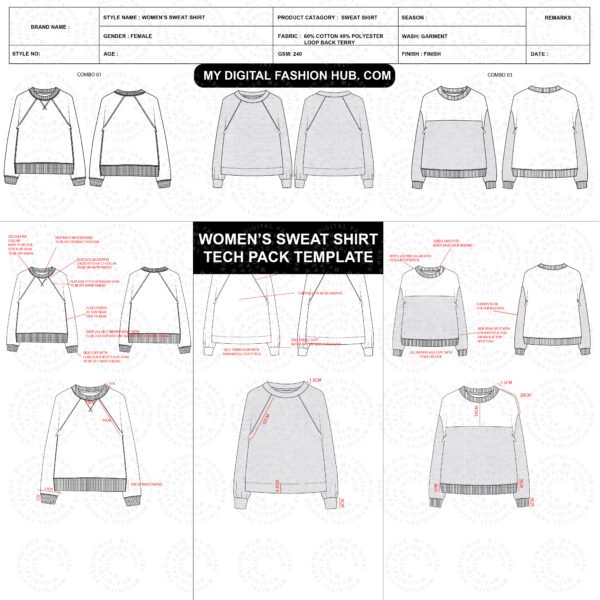 Women’s Sweatshirts Tech Pack for Professional Apparel Design and European Standard Measurement Chart (Excel)