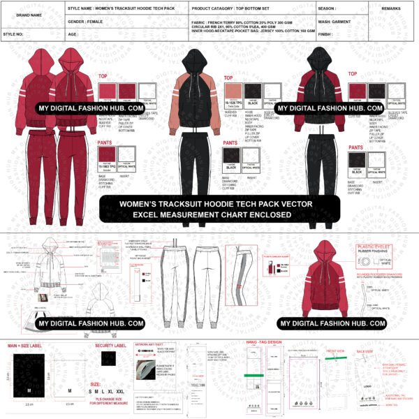 womens tracksuit hoodie techpack vector layout