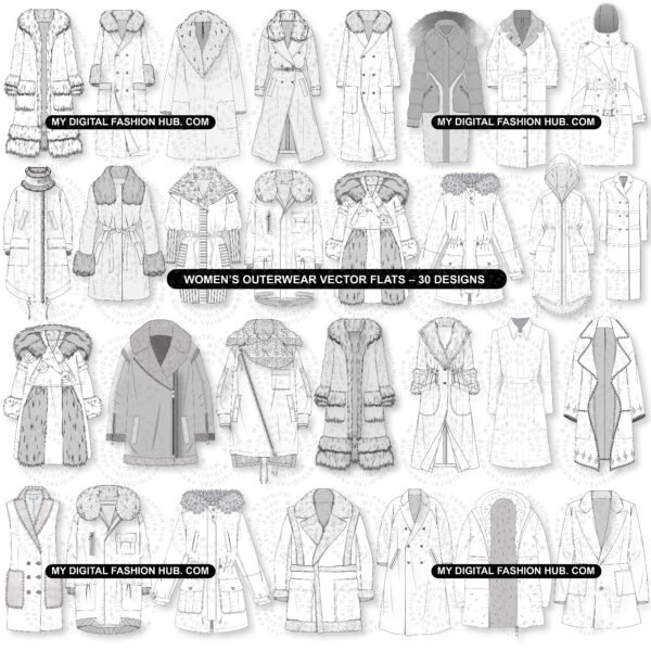Womens outerwear vector flats technical designs