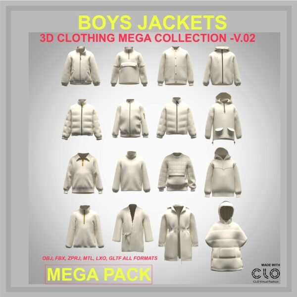 Boys Jacket 3D Clothing Pack for CLO3D and Marvelous Designer Puffer Hoodie Winter Jacket Bomber and Outerwear