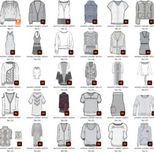 Women’s sweater fashion flats vector pack with 50 knitwear technical sketches, sweater flat drawings for fashion designers